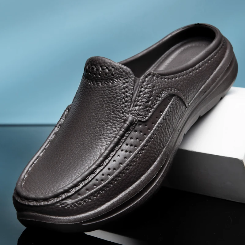 Summer slippers garden clogs waterproof and non-slip chef shoes light plus size comfortable black leather shoes outdoor slippers