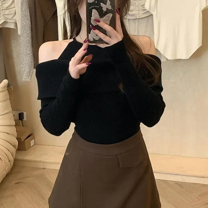 Elegant Off Shoulder Sweaters Fashion Spliced Female Clothing Solid Color Slim Autumn Winter Casual Round Neck Knitted Jumpers