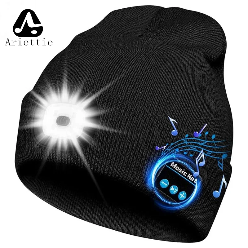 Original Ariettie LED Light Bluetooth Warm Music Hat Headphone Sports Outdoor Earphone Removable Water Wash Cap Handfree Headset