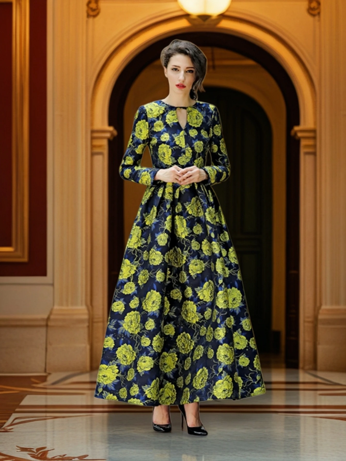 Elegant Jacquard Dress for Women Evening Gowns Vintage Fall Long Maxi Dresses Floral Luxury Party Robes Formal Occasion Clothing