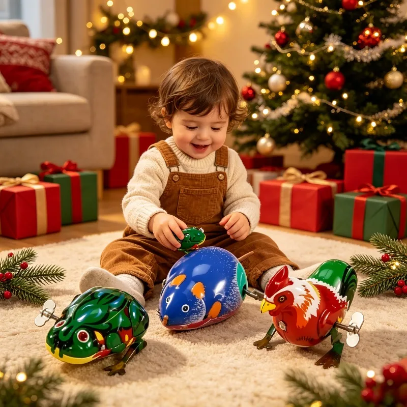 Christmas Holiday Gift Kids Classic Tin Clockwork Jumping Frog Wind‑up Plaything Home Table Decoration