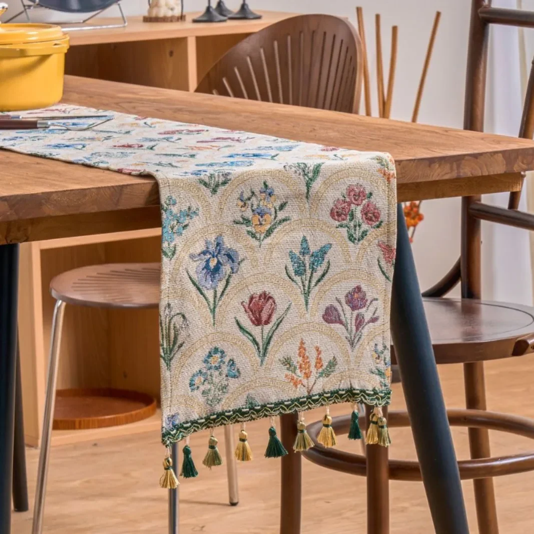 Colorful Flower Jacquard Table Runner with Tassel Kitchen Dining Table Decoration Embroidered Table Runner for Home Party Decor