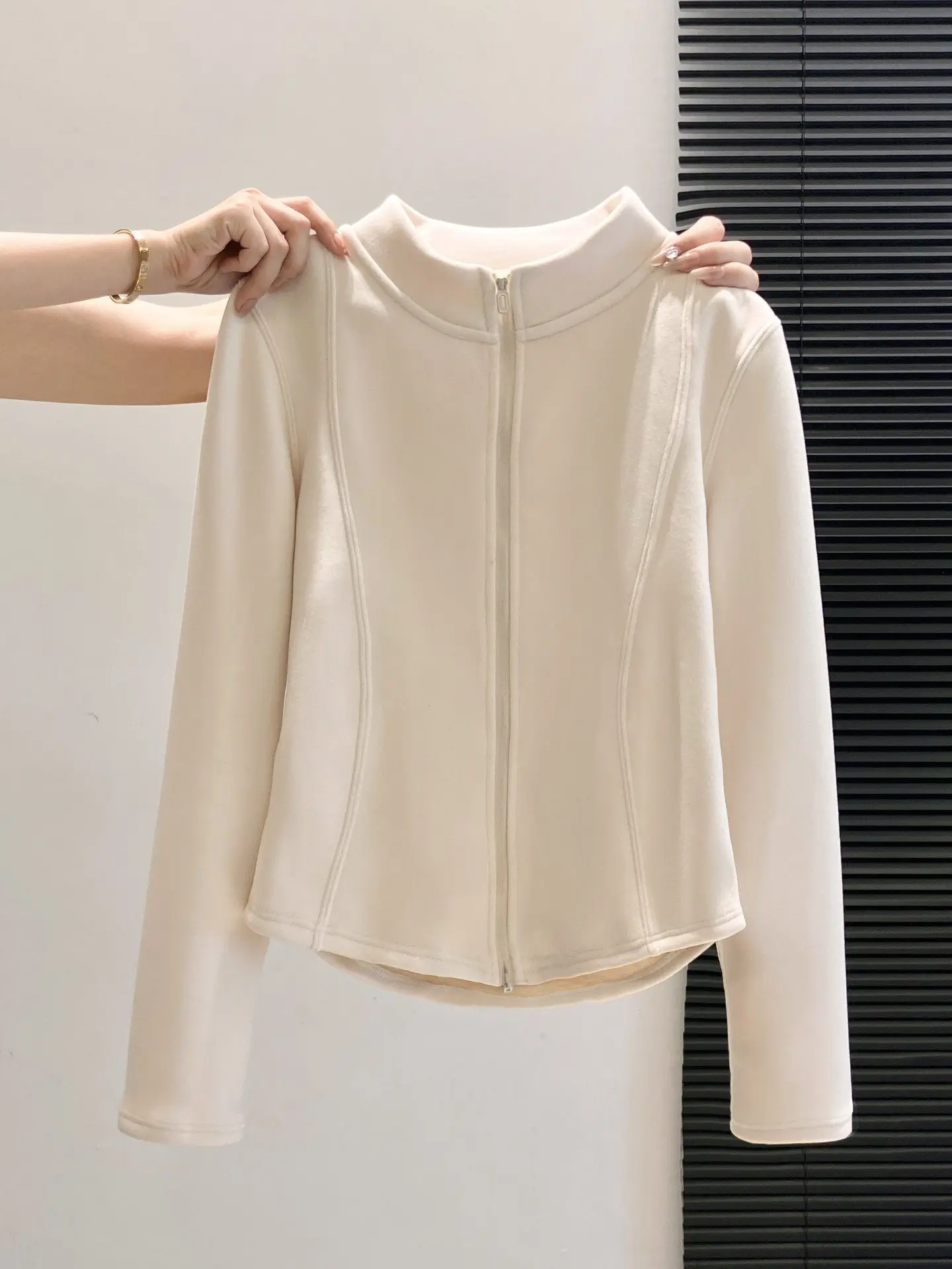 

Thiened Fce Long Sve Stand Collar Women's Base irt Double Zipper Padded Jaet Inner Wear Slimming Autumn Winter Coat