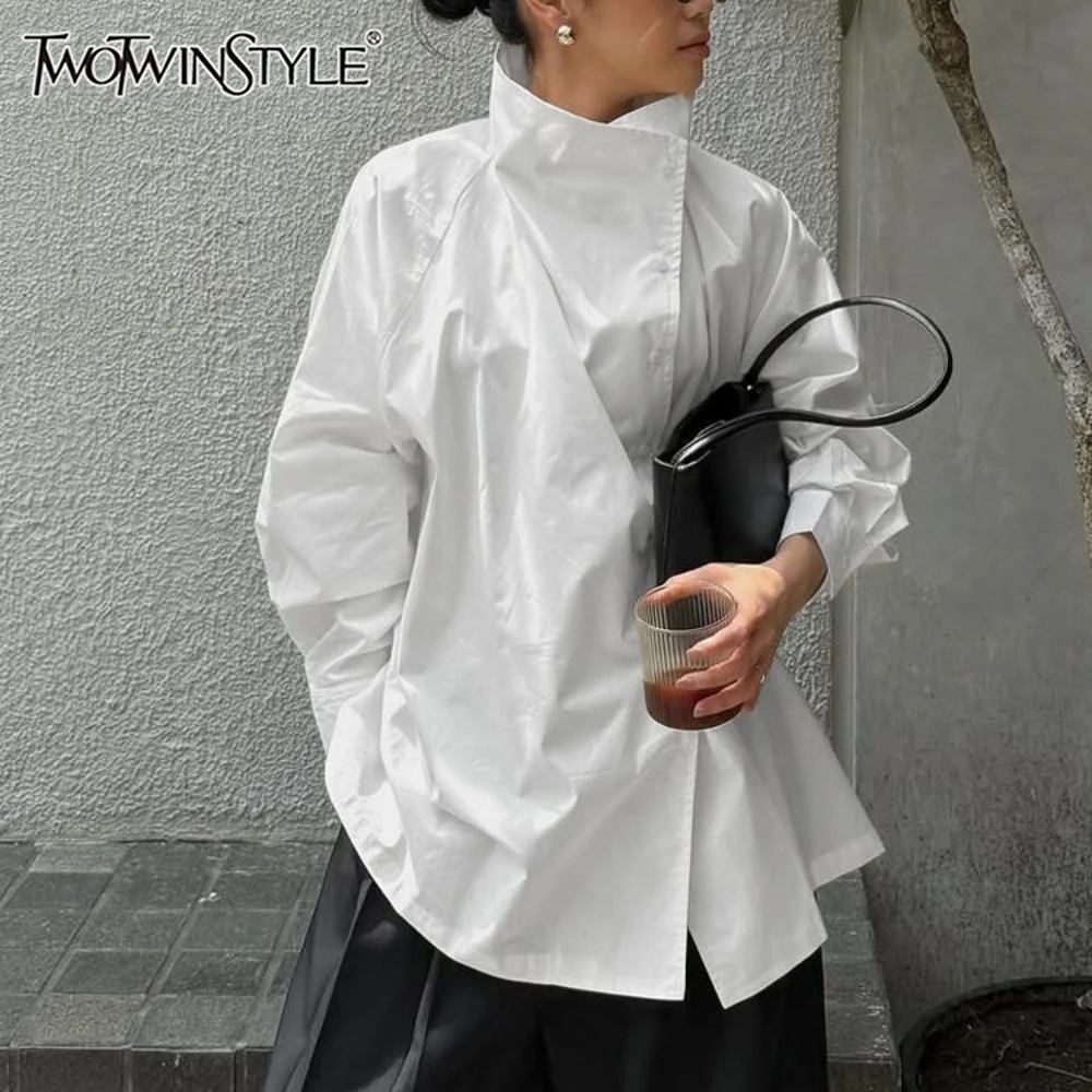 

TWOTWINSTYLE White Loose Spliced Folds Shirts for Women Stand Collar Long Sleeve French Minimalist Shirt Female Summer Fashion