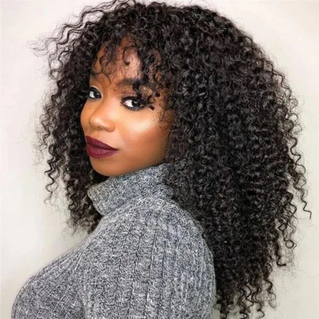 Kinky Curly Wig With Bangs Remy Brazilian Hair Full Machine Made Wigs Natural Color 10-30 Inch Curly Fringe Human Hair Wig