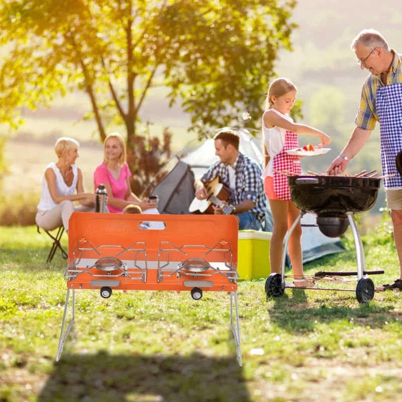 Estufa Gas portátil plegable para exteriores, doble quemador con soporte patas plegables, parabrisas para acampar al aire libre