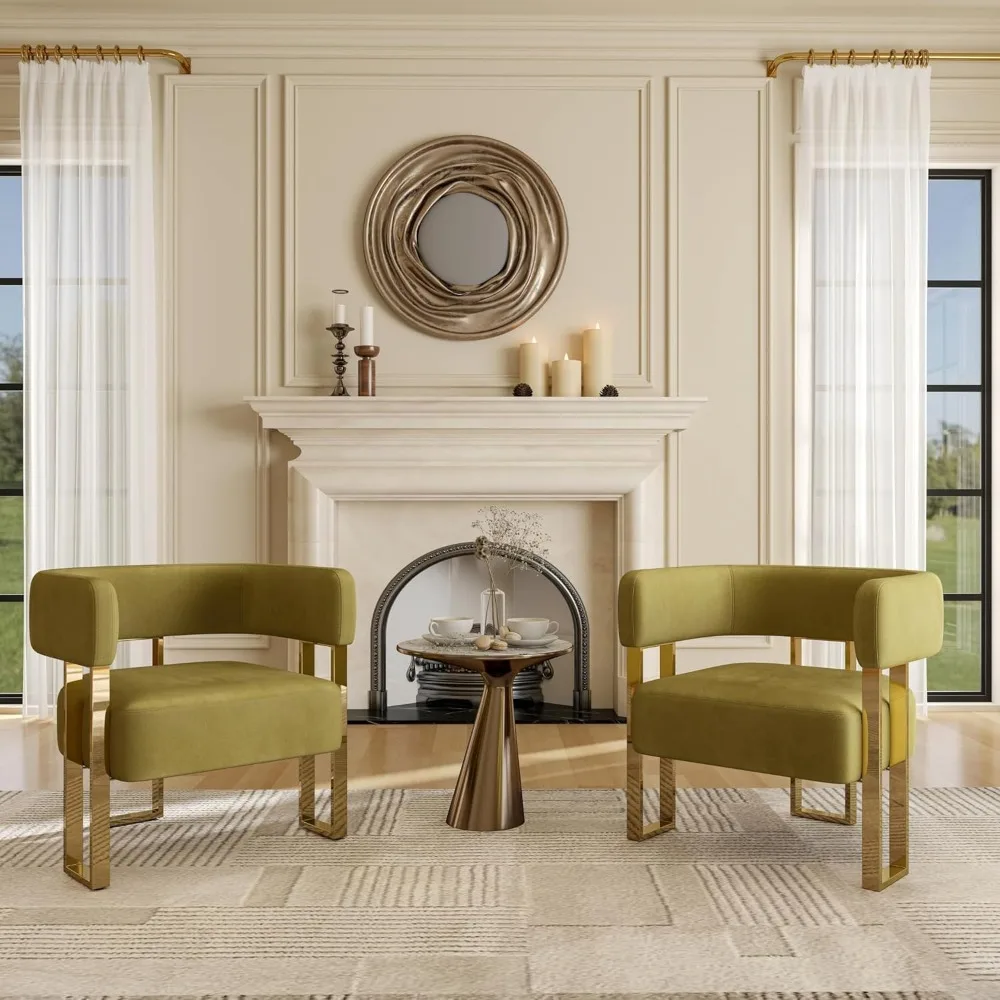 

Modern Velvet Accent Chairs Set of 2, Green Upholstered Barrel Armchair Living Room Chair with Gold Metal Legs Comfy Corner