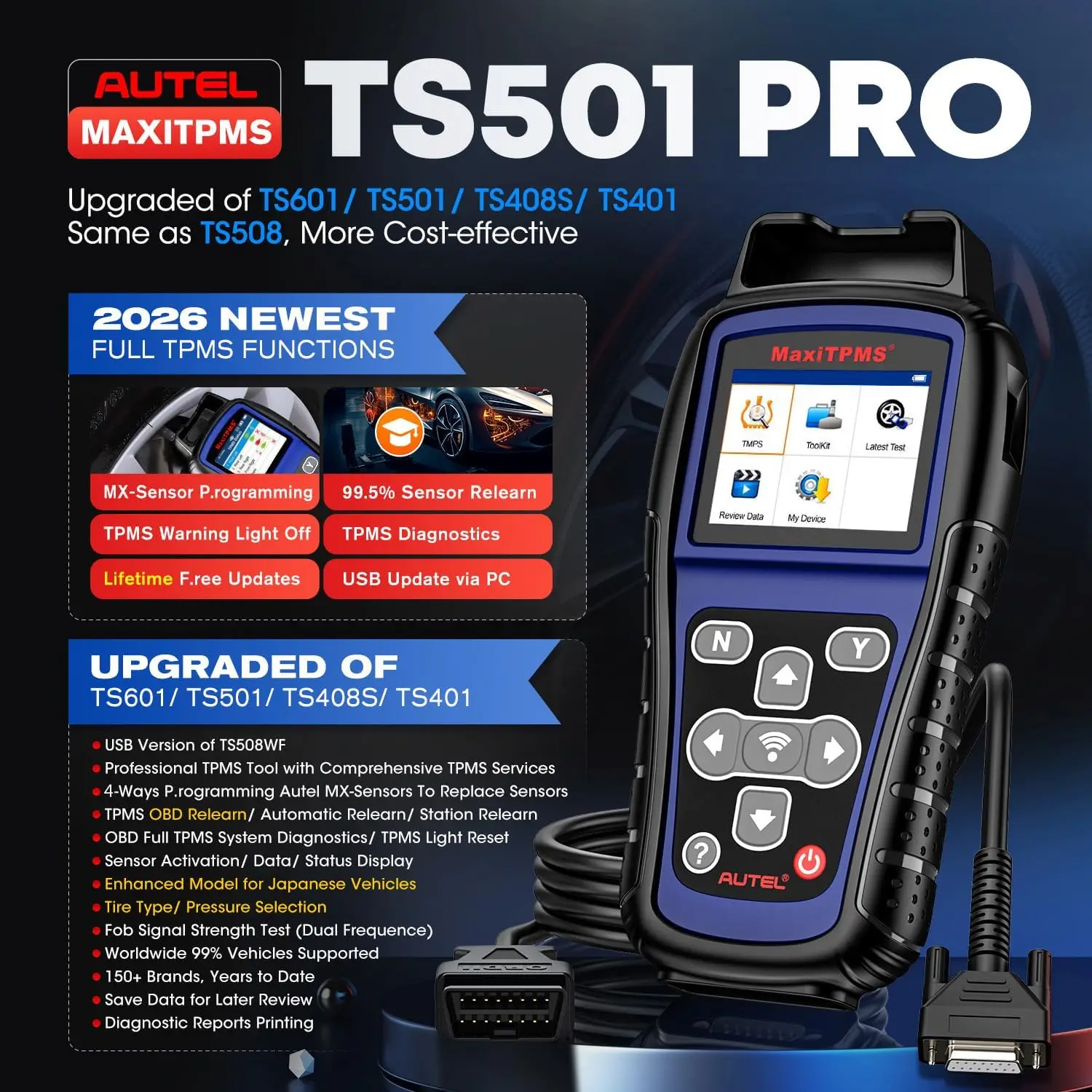 Autel MaxiTPMS TS501 PRO TPMS Programming Tool All Sensors Relearn Activate Scanner TPMS Reset Read Clear DTCs Lifetime Update Same as TS508 Newer of TS501 TS408S Activate Relearn 99% Sensors Program Autel MX-Sensor [315/433MHz]