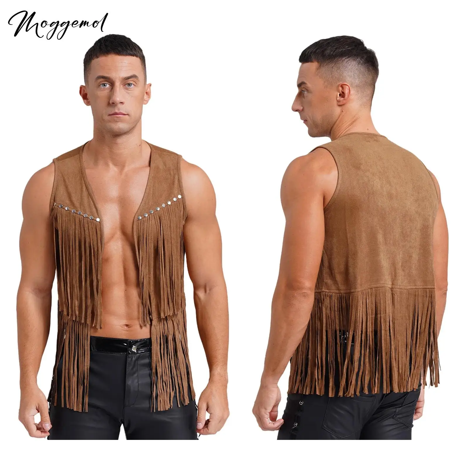 

Mens Faux Suede Tassel Vest Rivets Fringe Waistcoat Open Front Rock Concert Jacket Western Cowboy Vest Hippie Disco Costume