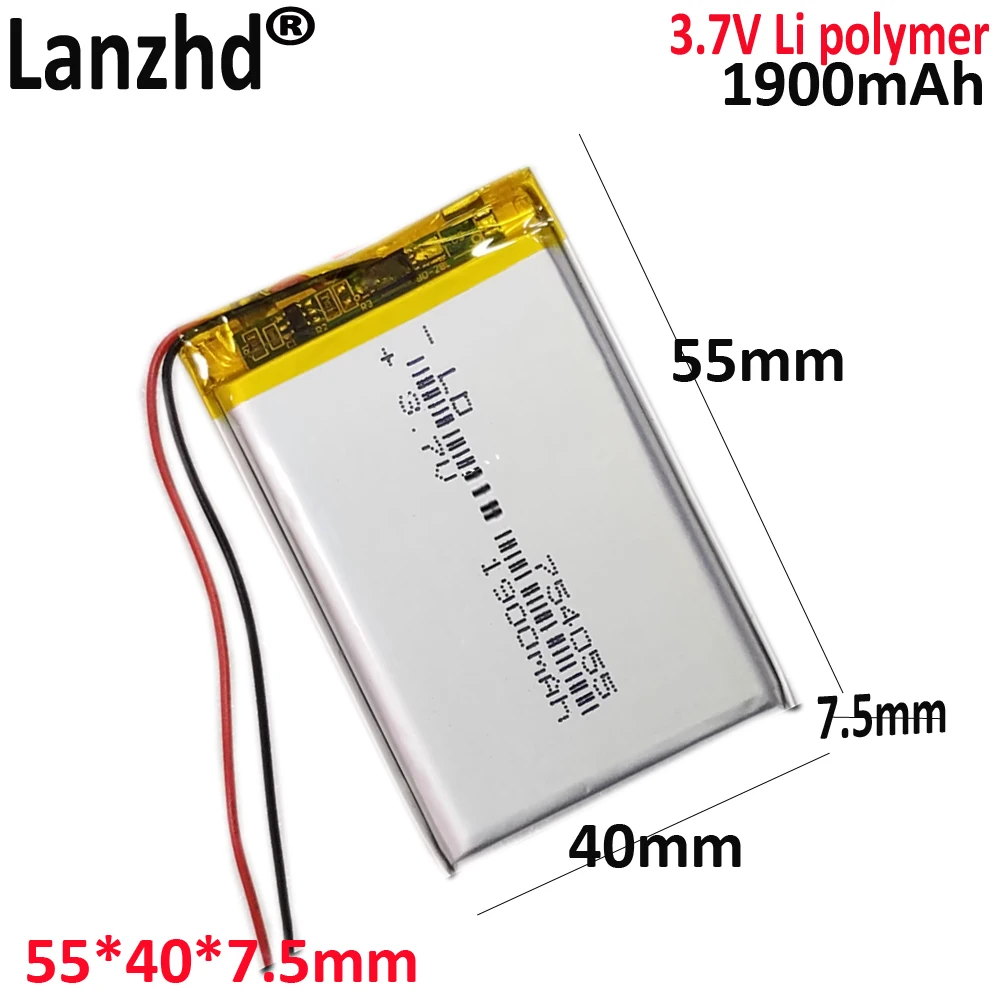 3.7V lithium ion 754055 For mobile power walkie-talkie TOY POWER BANK GPS mp3 mp4 654055 704055 754155 1900mAh battery