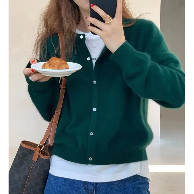 Fashionable Womens Short Cardigan Sweater Solid Color Casual Knitted Round Neck Thin Top Y2k Age Reducing Versatile Slim Sweater