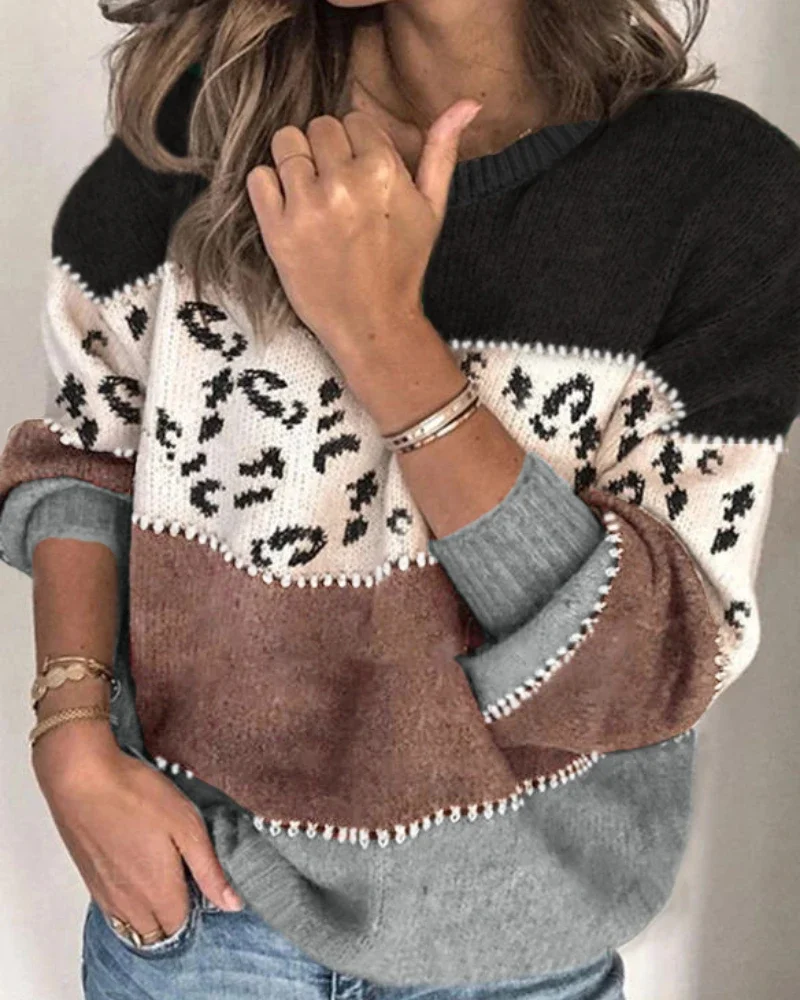 TEELYNN Mohair Contrast Color Leopard Oversized Knit Sweaters Women 2024 Fall Winter Vintage Long Sleeve Knitted Pullover Jumper