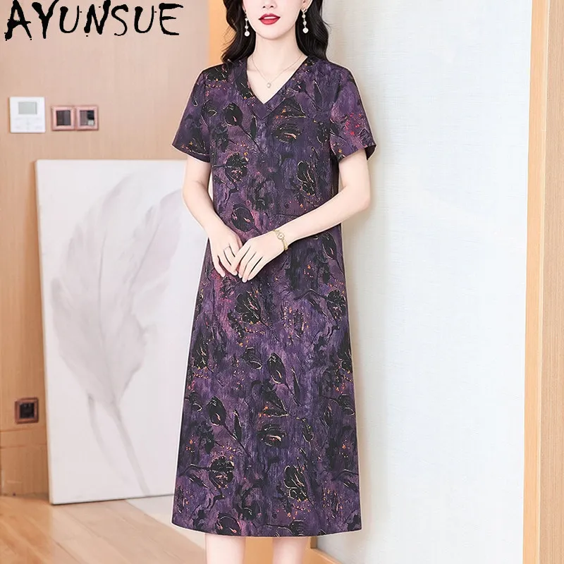 AYUNSUE 100% Mulberry Silk Summer Dress Women Clothes Elegant Womens Dresses Vintage Print 2026 V-neck Gambiered Guangdong Gauze