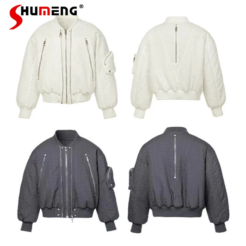 

Men Women 2025 Autumn Winter New Retro Pleated Comfort Handsome Flight Jackets Parkas Solid Color Zipper Pocket Decoration Coats