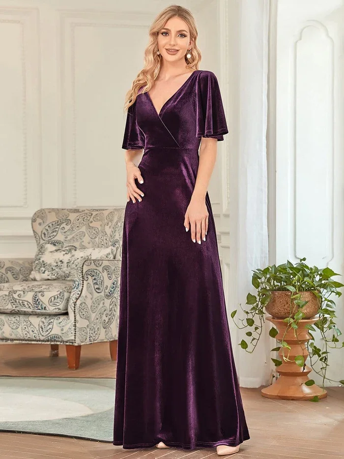 Vestidos Elegantes de terciopelo Para dama de honor, vestido Simple con cuello en V, vestido de fiesta de boda Para mujer, vestido de vaina hasta el suelo, Vestidos Para Bodas