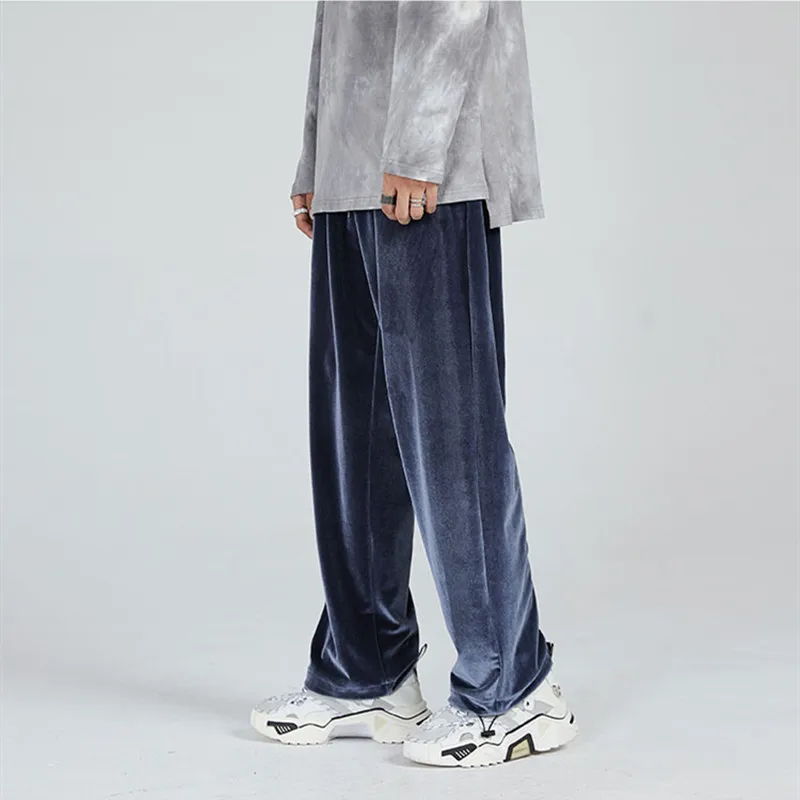 Spring Wide-leg velour pants Men\'s Fashion Casual Korean Streetwear Loose Hip-hop Straight velvet Trousers Plus size M-7XL Pants