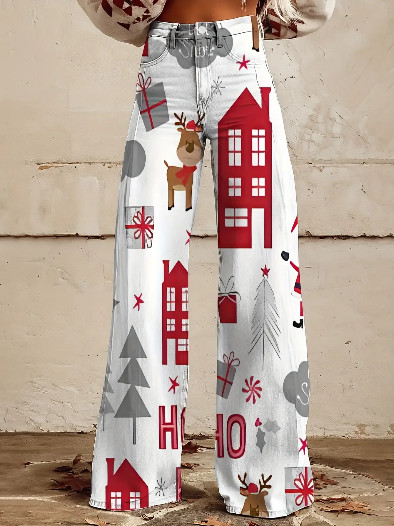 

Ladies' imitation denim pants with Christmas snowflake pattern autumn and Cane candy, gift, holly leaves, bell pattern