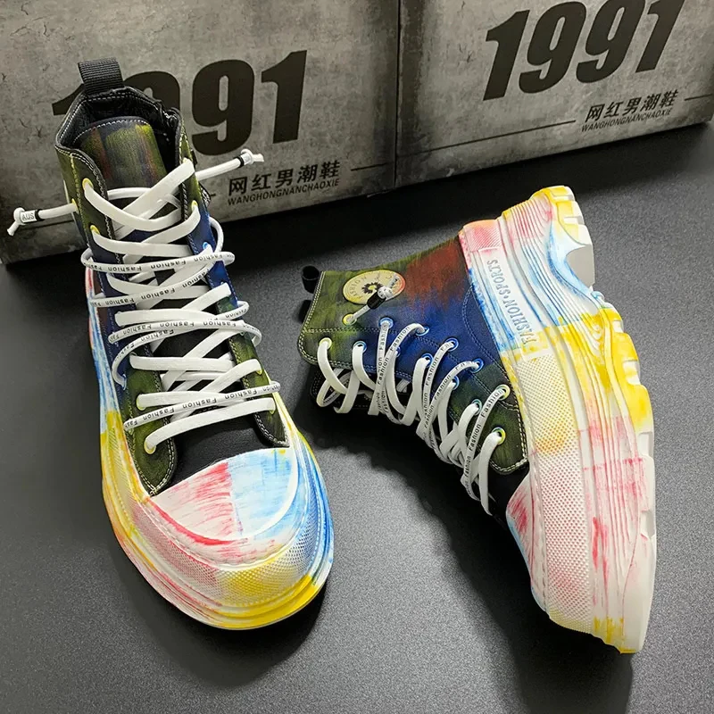 Fashion Hand-Painted Graffiti Sneakers Men Ankle Boots High Top and Thick Sole Personalized Board Shoes 2023 tenis de mujer