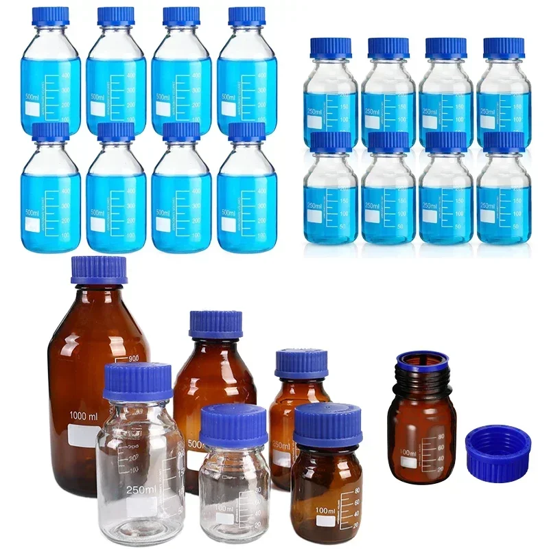 1 pz 25-1000ml marrone/trasparente graduato rotondo in vetro bottiglie di stoccaggio con tappi a vite blu GL45 per liquidi reagenti acqua di laboratorio