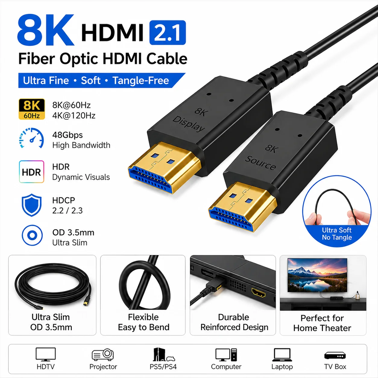 Ultra Fine Soft 8K HDMI 2.1 Cable Fiber Optic 4K@120Hz 48Gbps HDR HDCP OD 3.5mm for HDTV Box Projector Ps5/4 Computer Hdmi Cable