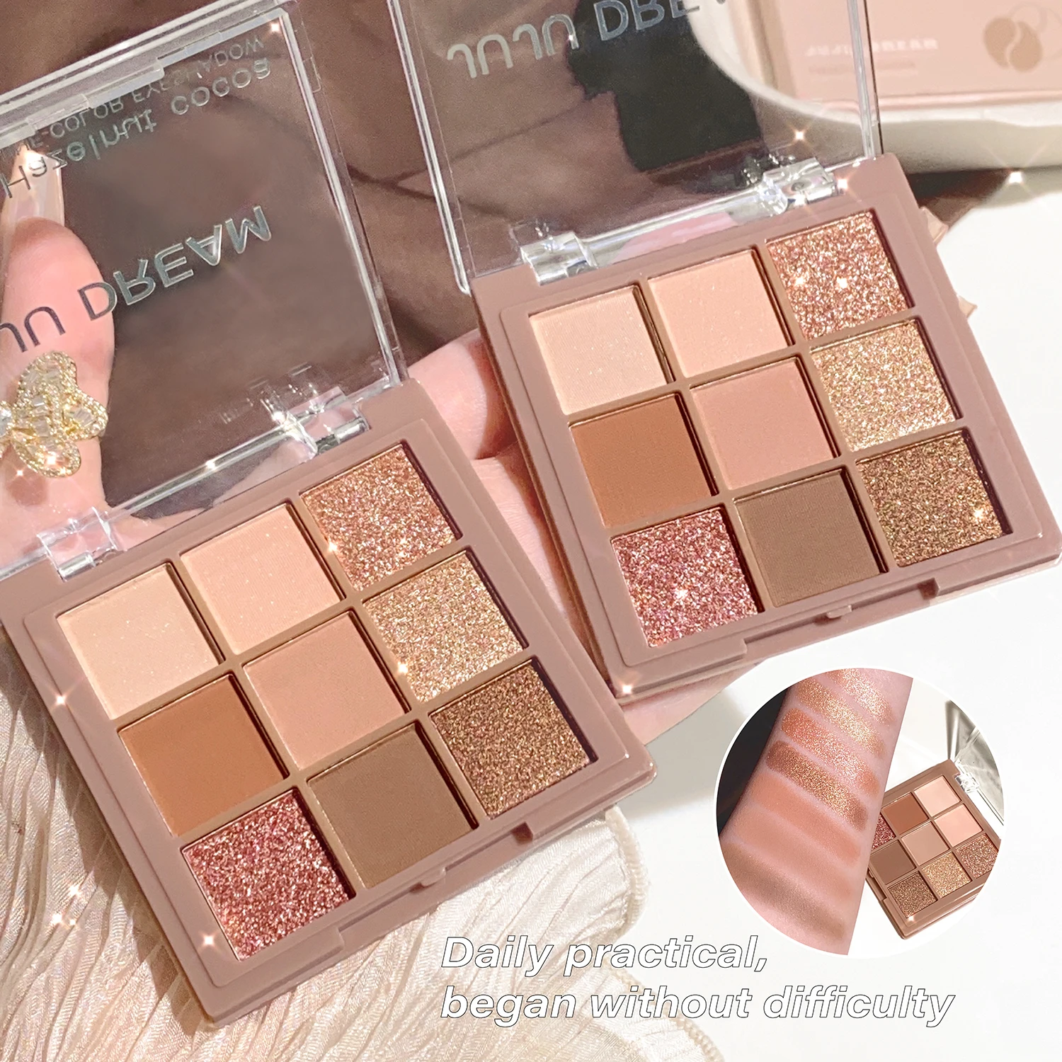 Milk tea nine-color eyeshadow palette, nine-grid eyeshadow with fine shimmer, shimmer and matte nude shades