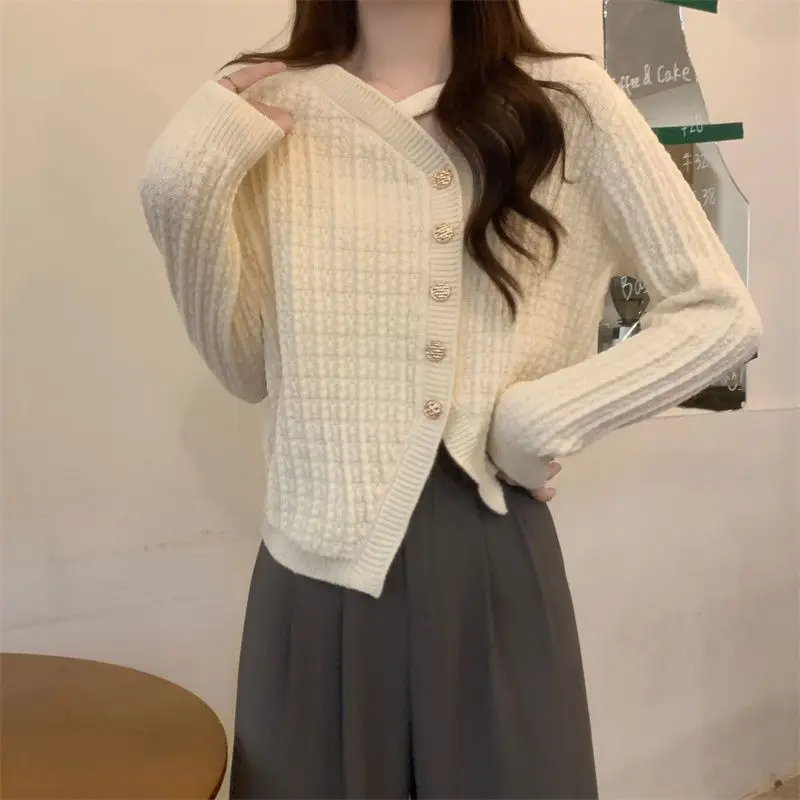 Women Autumn Winter Fashion Loose Irregular Solid Color V-neck Long Sleeve Knitwear Ladies All-match Knitting Cardigan Coat Tops