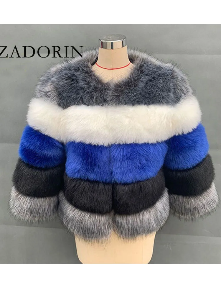 ZADORIN Colore Della Miscela Manica 3/4 Peloso A Righe Parka Inverno Caldo Delle Donne Soffici Cappotto di Pelliccia Sintetica Vintage Giacca di