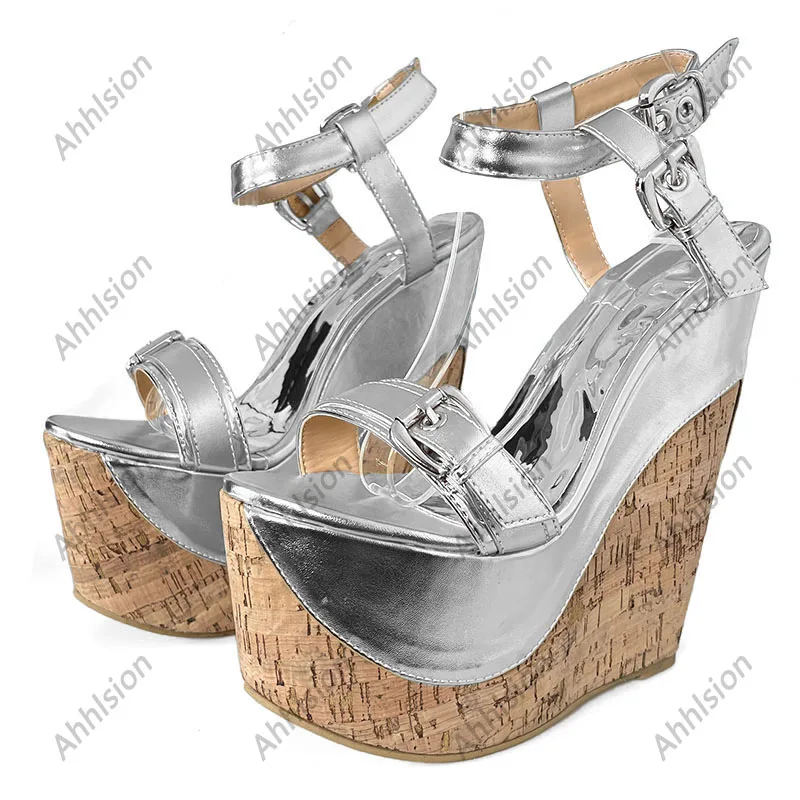 Ahhlsion Handmade Women Summer Sandals Buckle Strap Wedges Heeled Round Toe Pretty Gold Silver Party Shoes Ladies US Size 4-15