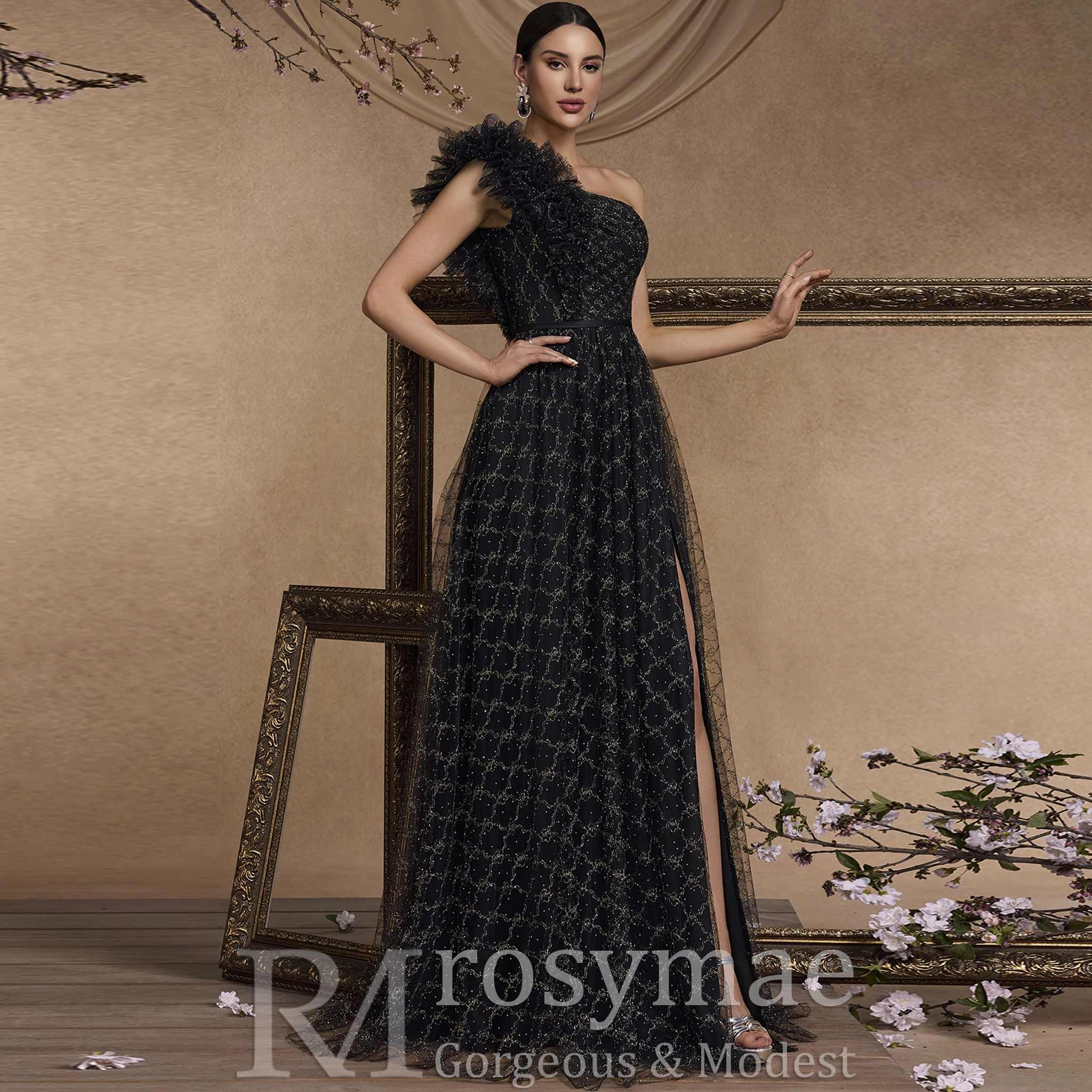 

Rosymae Women's Elegant Black One-Shoulder Prom Dress with Leg Slit Party Gown Long Evening Maxi Dress