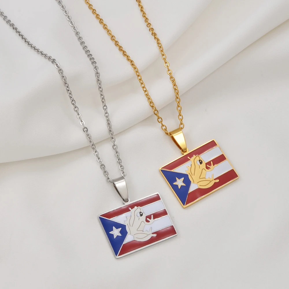 Anniyo Puerto Rico Flag Pendant Necklaces for Women Girls Stainless Steel Base USA PR Jewelry @001662