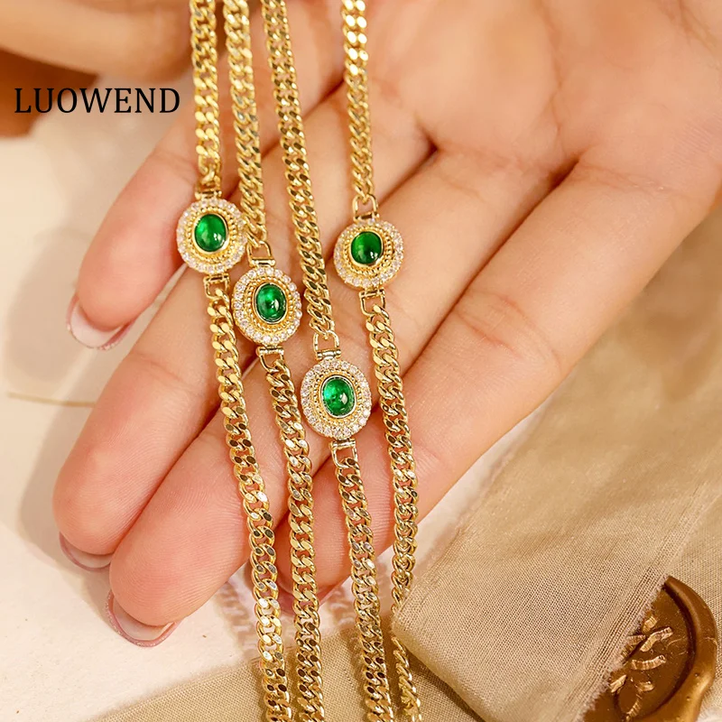 LUOWEND 18K Yellow Gold Bracelet Women Cuban Chain Natural Diamond Natural Swat Emerald Bracelet&Necklace High Party Jewelry Set