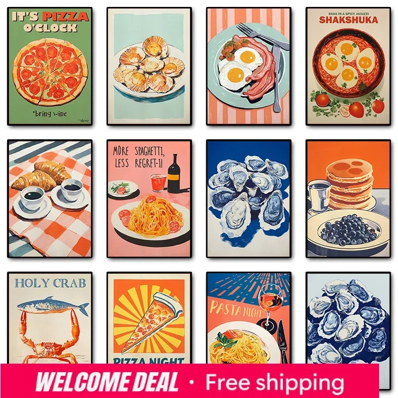 Póster Vintage de Comida 2026: Huevos, Tocino, Espaguetis, Panqueques, Mariscos, Queso - Cuadro de Arte de Pared con Pintura de Diamantes para Cocina, Restaurante, Hogar