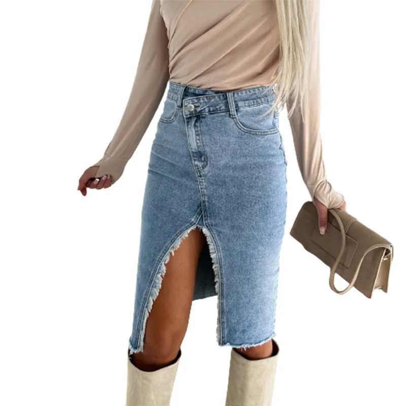 

Women Sweet Style High Waist Button Splice Denim Skirt Female Spring Summer Split Hem Wrap Hip Half-body Dress Casual Streetwear