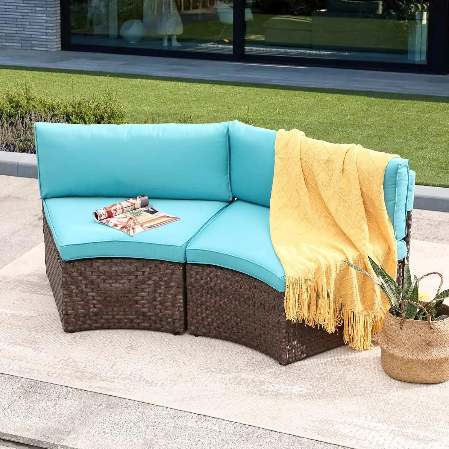 

Patio Armless Sofa Seating Outdoor Wicker Half-Moon Sectional Chair with Turquoise Cushions Set of 2