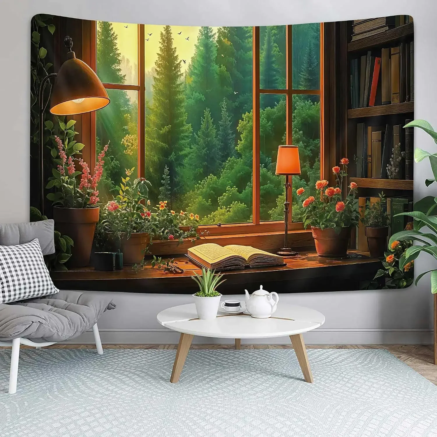 Nature Window View Tapestry, Green Pine Forest Potted Blooms Reading Book Wall Hanging, Nice Room Background Cloth Decor