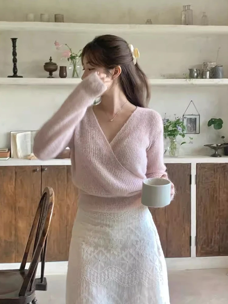 

Chic Autumn New Sle Soft Long Sve V-Ne Cross Knitted Sweater Women's Slimming Versatile Comfortable Faionable Knitwear