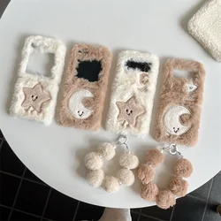 Cute Star Moon Fluffy Phone Case For Samsung Galaxy Z Flip 6 5 4 3 Cover with Plush Chain Fur Fuzzy Cases For Z Flip4 Flip5 5G