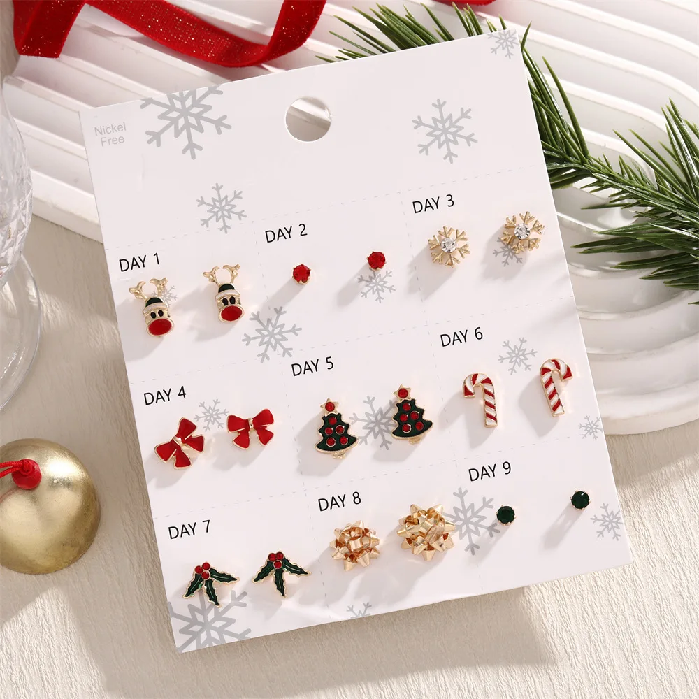 9 Pairs Of Women's Christmas Earrings Simple Rhinestone Enamel Christmas Tree Elk Snowflake Crutch New Year Stud Earrings