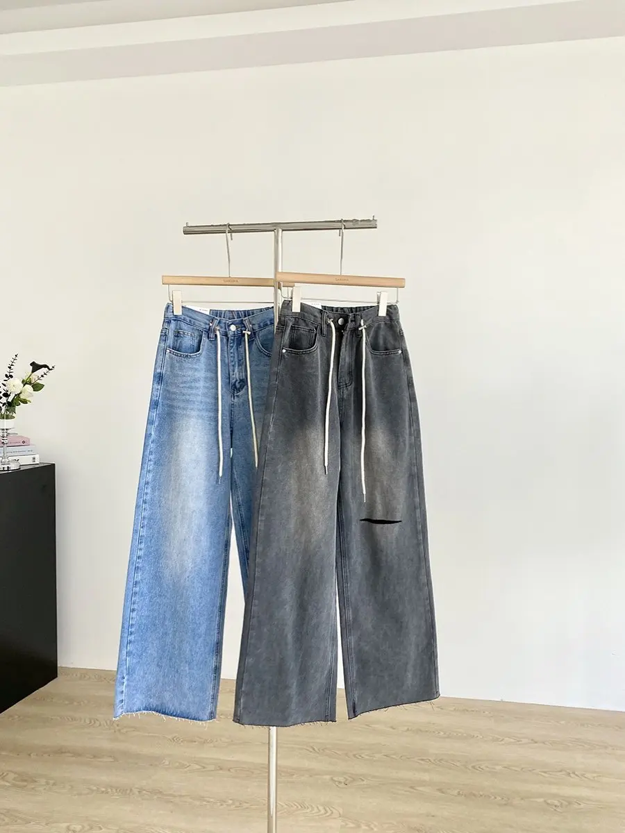 

Retro Korean Style Drawstring Faded Denim Pants Women's High Waist Spring Fashion Loose Wide Leg Pants Versatile Casual Jeans