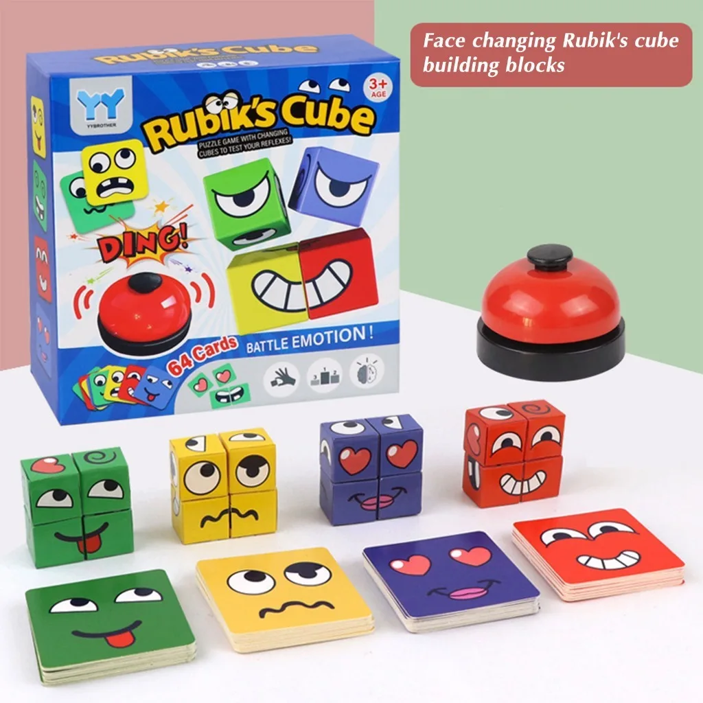 เด็กใหม่ Facial Expression เปลี่ยนปริศนาบล็อกอาคารเด็ก Early Education Montessori Cube โต๊ะเกมของขวัญ