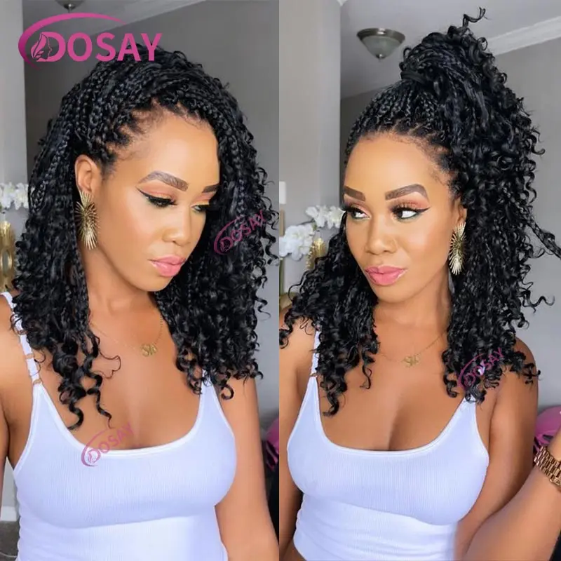 12‘’ Boho Braided Full Lace Front Wigs Synthetic Curly Bohemian Goddess Locs Cornrows Wigs Pre Plucked Knotless Box Braids Wig