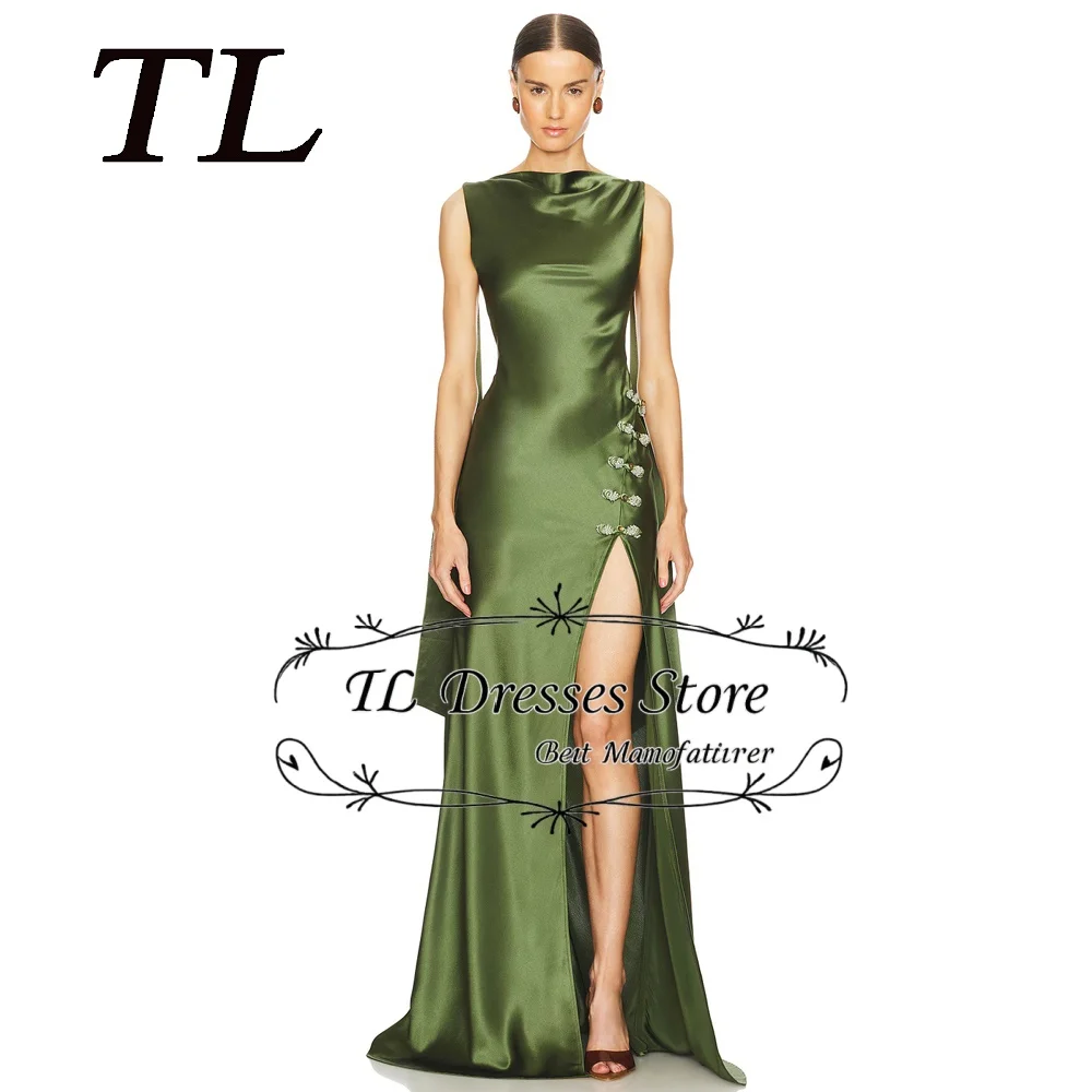 

TL Green Satin Evening Dresses Wedding A Line Embroidery Luxury Party Dress Side Slipt Elegant Sexy Prom Gowns Sage Customized