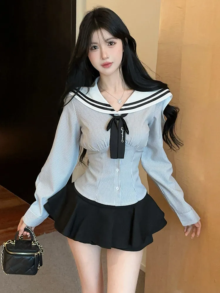 Sexy Preppy Style Color Block Navy Collar Waist Cinched Striped Long Sleeve High Waist Slimming Puffy Short Skirt Set Women's...