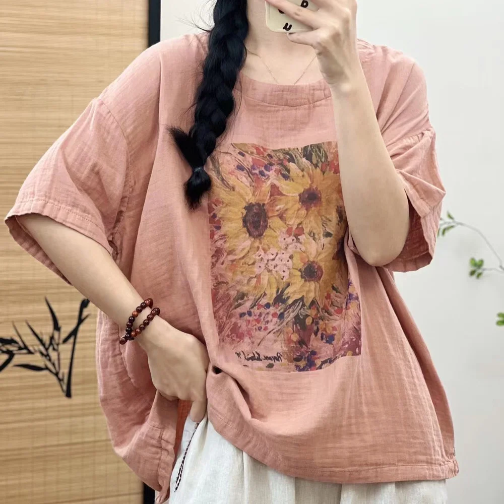 100% Double layers cotton yarn shirts and blouses for women summer short sleeve shirts Japanese style loose tops oversize shirts