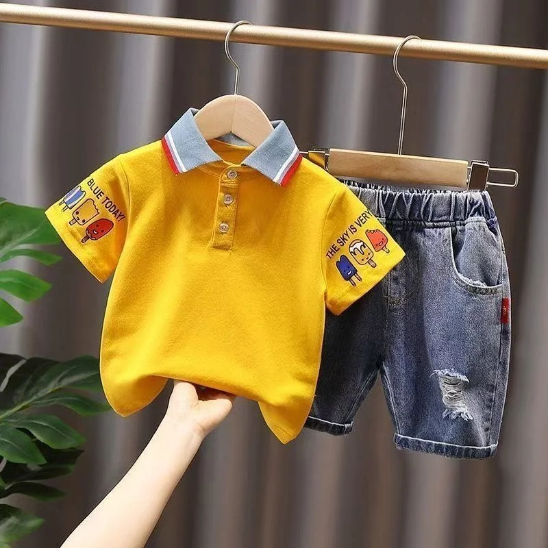 

Boys' Summer Set 2025 New Children's Clothing POLO Shirt Cowboy Shorts Two Piece Set Trendy for Boys and Baby