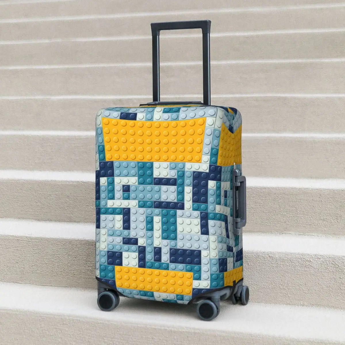 

Blue & Yellow Minimal Building Blocks Pattern Suitcase Cover Vacation Strectch Luggage Supplies Travel Protector
