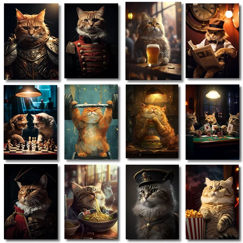 Funny Orange Cat Drink Beer Reading Play Chess Play Card Poster Cats Eat Ramen Canvas Painting Kitchen Room Home Decor Gift