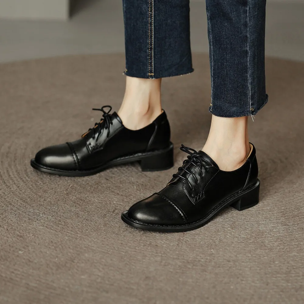 Brown Women Brogue Shoes Women Flats Autumn Spring Women\'s Oxfords Genuine Leather Full Black Flat Office Derby Female Shoes