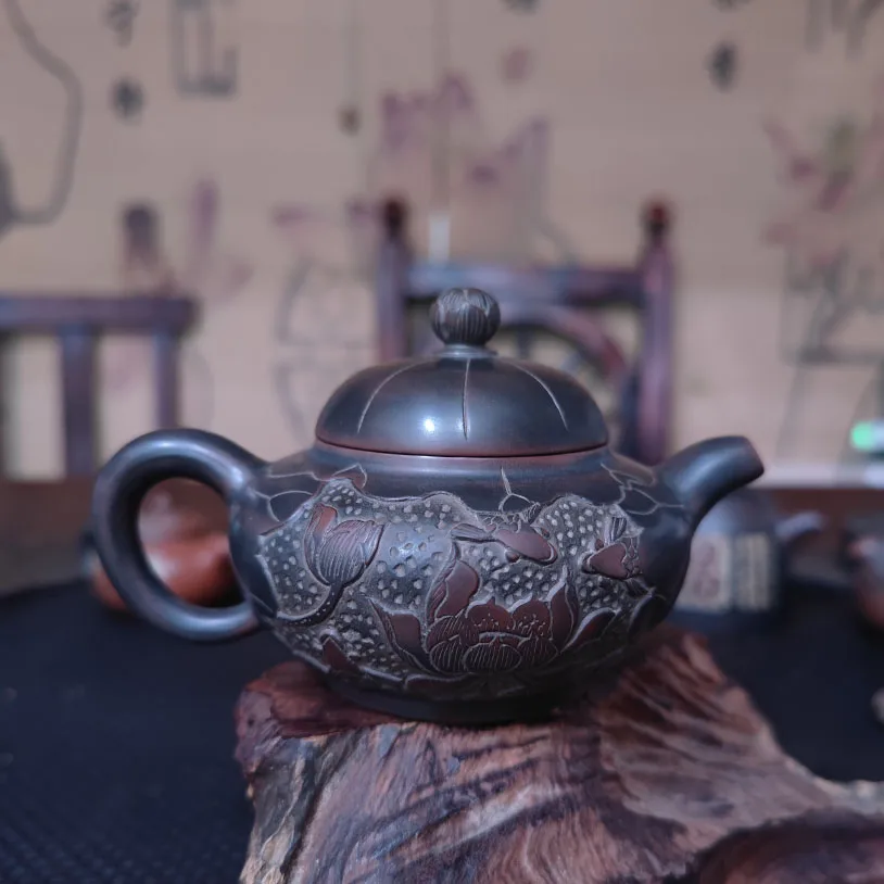 Handwork Nixing Clay Teapot Filter Huaying Tea Pot Beauties Hand Carved Lotus&Fishes Ceramic Teapots 190cc Customized Gifts