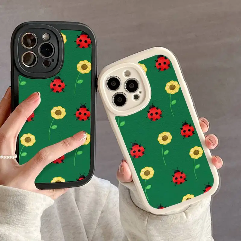 Ladybug Sunflower Phone Case For IPhone 11 12 13 14 15 Plus Pro Max PU Leather Silicon Soft Cover